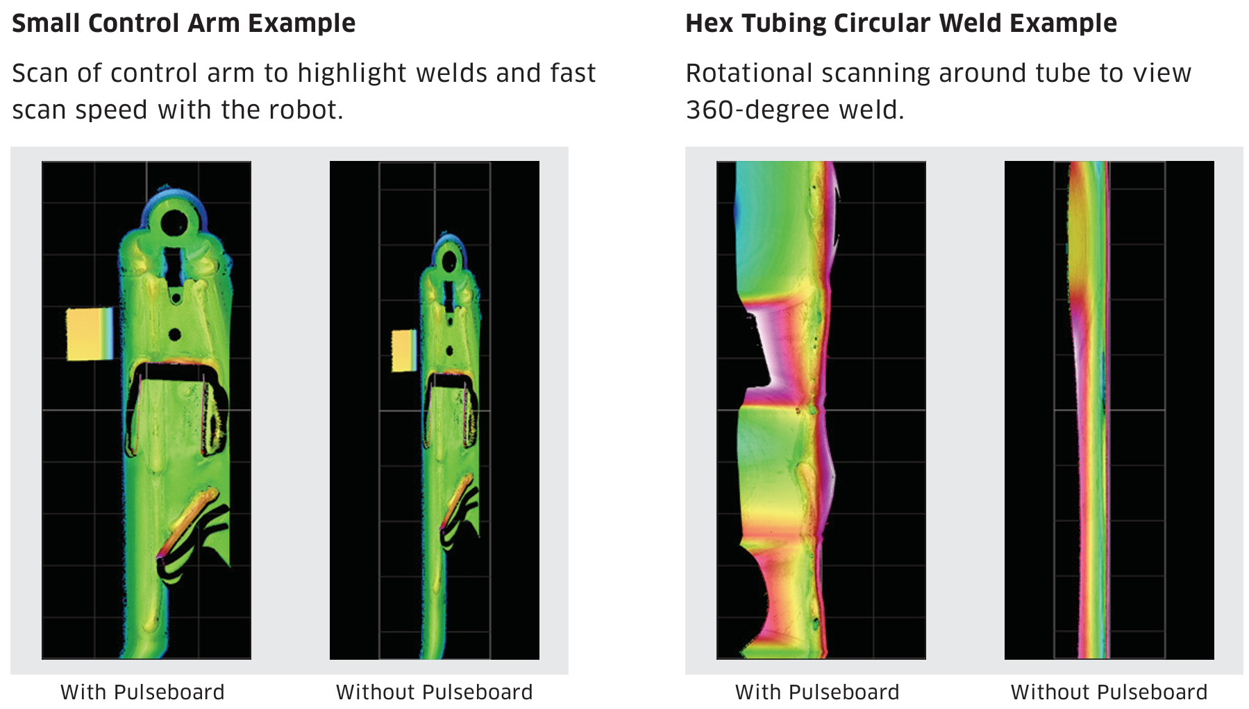 Comparison between a distorted time-triggered weld image and a clean dynamic motion triggered scan